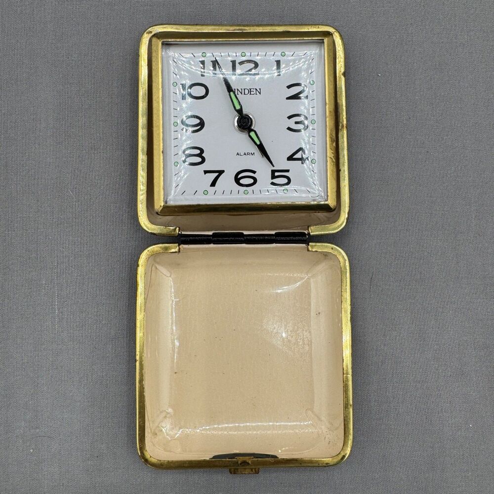 Vintage Linden Wind-up Travel Alarm Clock Black Clamshell Made in Japan - Works